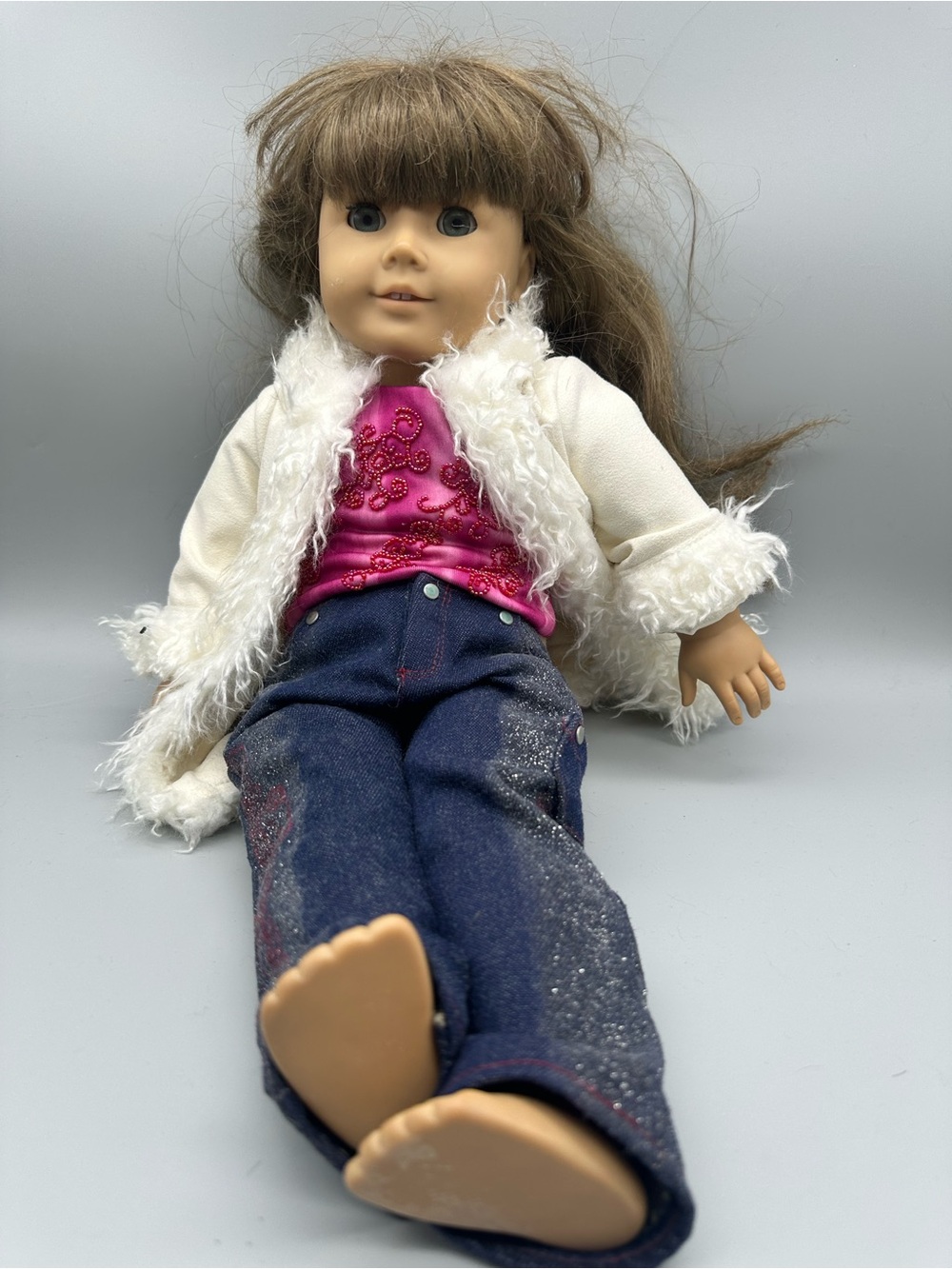 American Girl Doll 18 Inch Brown Hair Grey Eyes White Fur Coat Pink Top Flaw